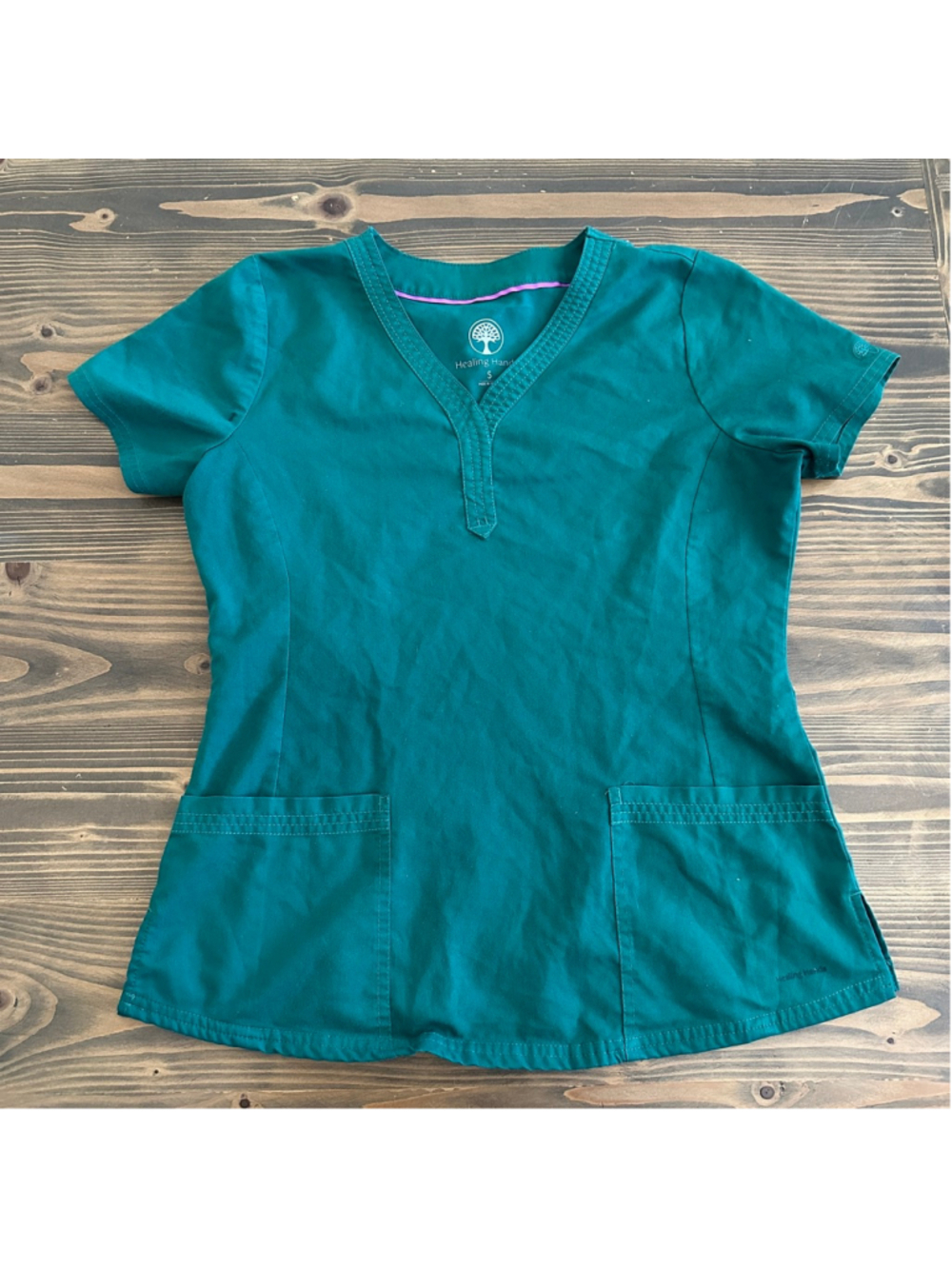 Women's Healing Hands Teal Scrub Top S Pink Trim V-Neck Medical Uniform
